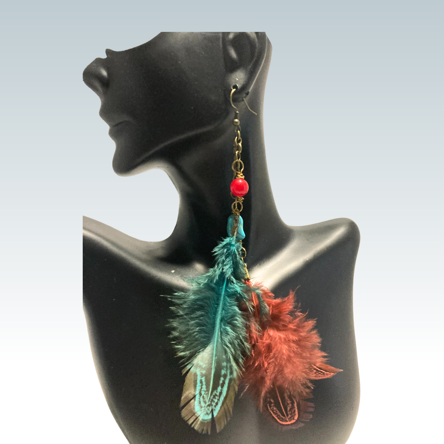 Turquoise & Red Feather Dangle Earrings