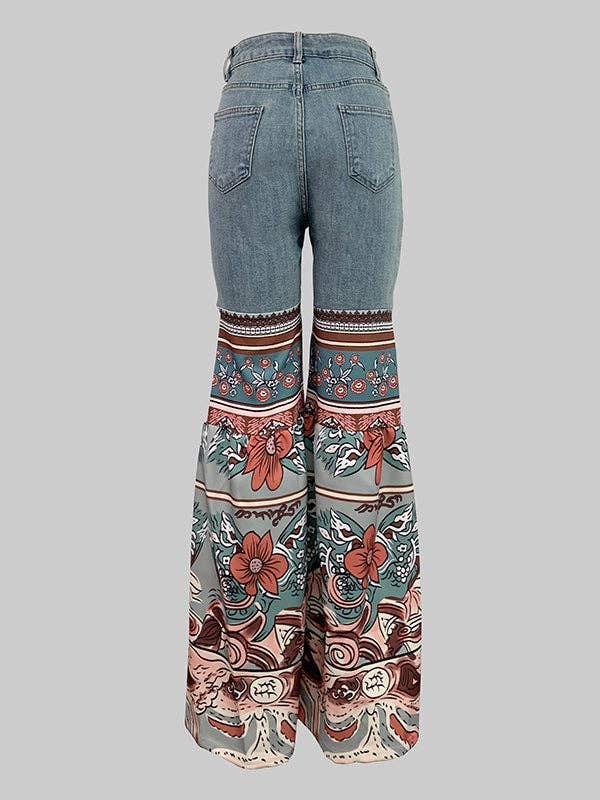 Bell Bottoms (Flared Pants Floral Printed High-Waisted Pockets Jean Pants Bottoms)