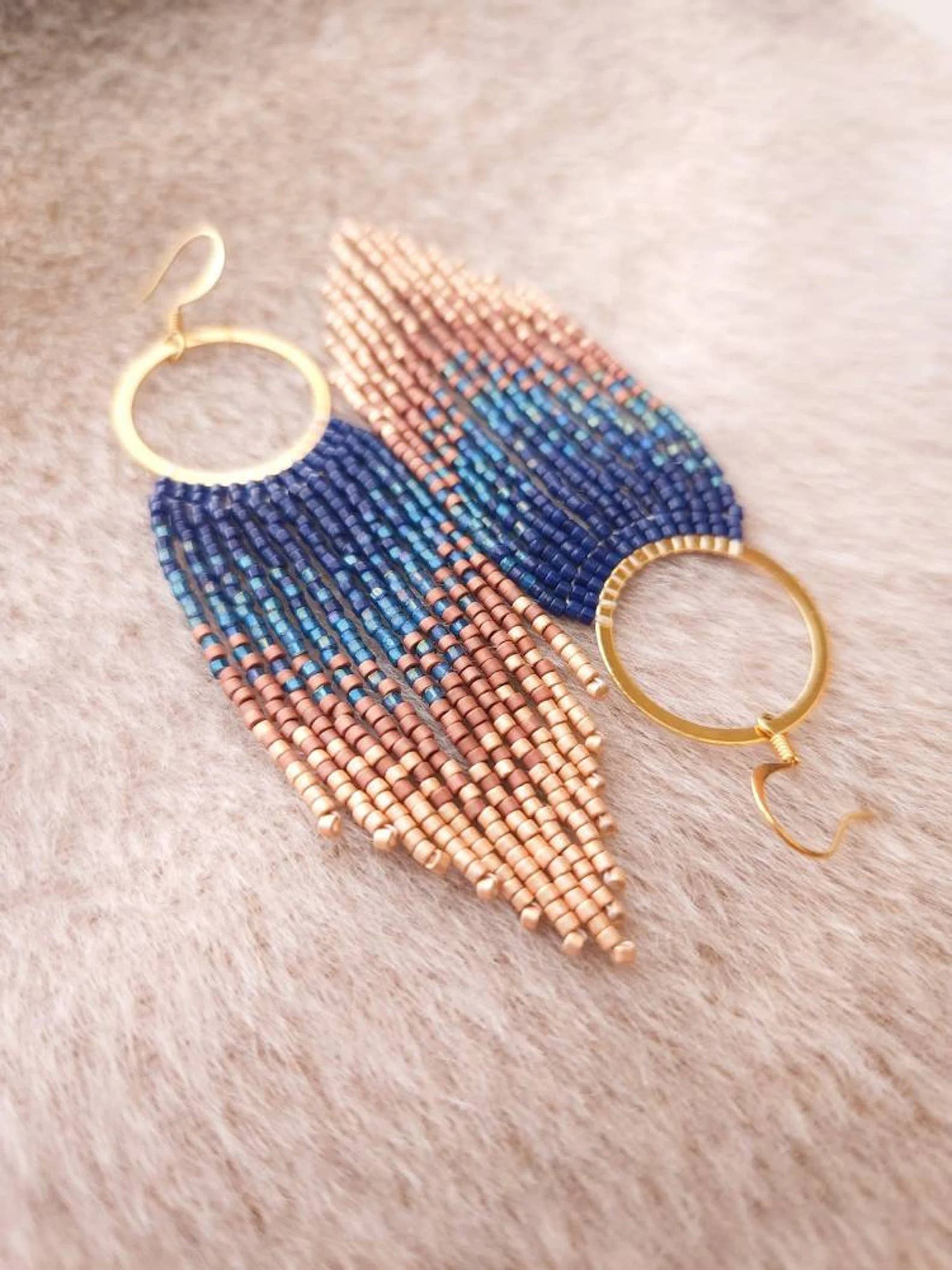 Ombre Fringe Hoop Earrings, Handwoven Statement Jewelry