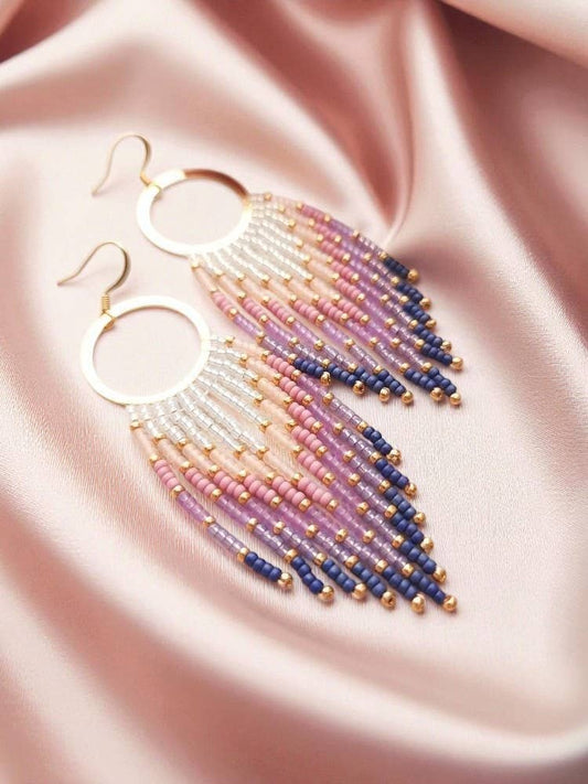 Purple Fringe Beaded Hoop Earrings: Handwoven Boho Jewelry