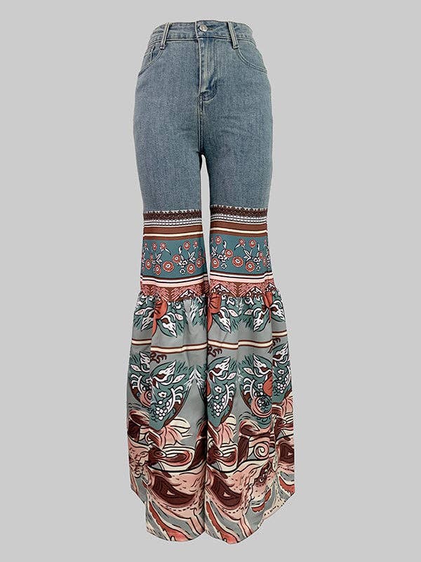 Bell Bottoms (Flared Pants Floral Printed High-Waisted Pockets Jean Pants Bottoms)