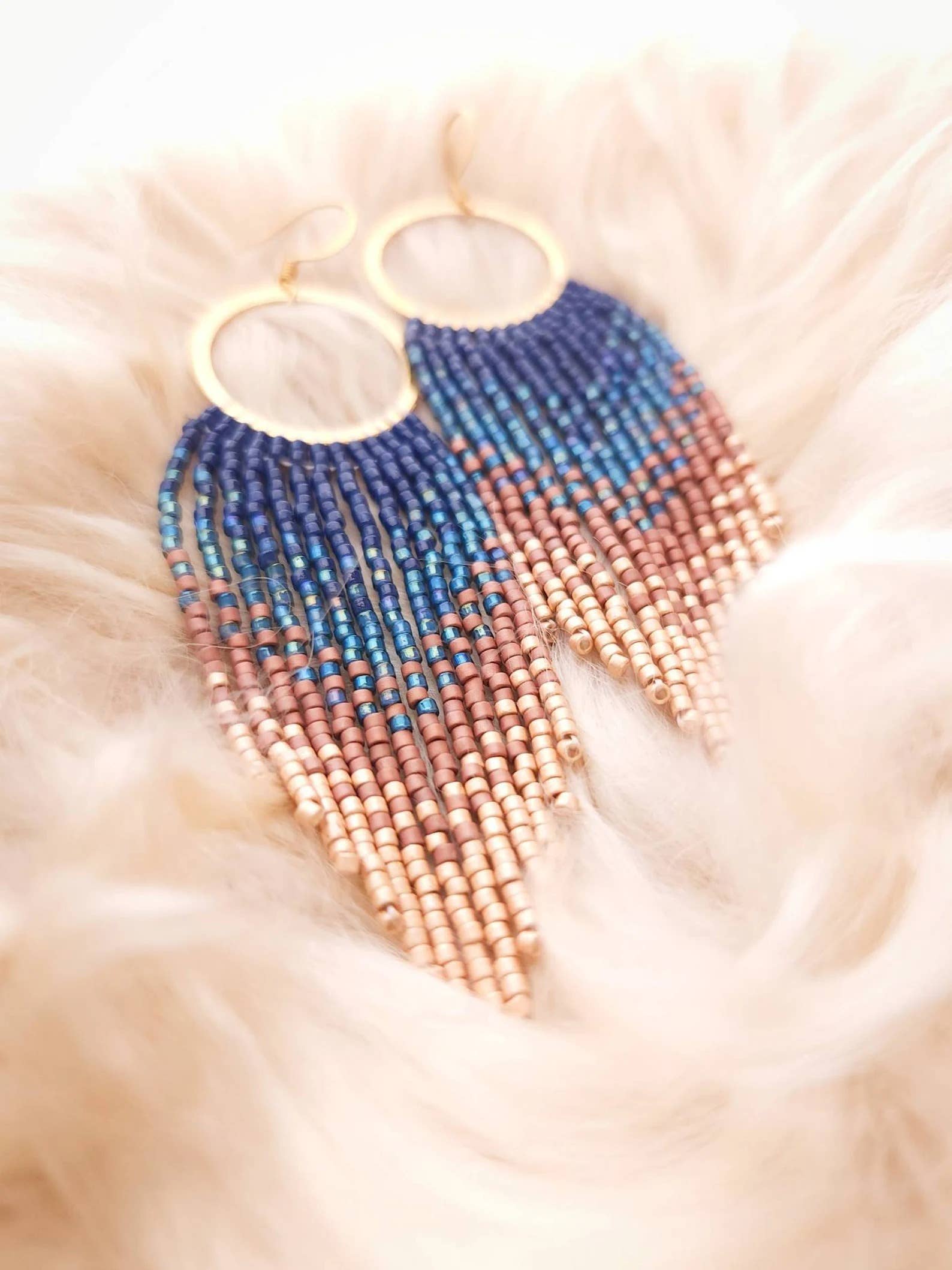 Ombre Fringe Hoop Earrings, Handwoven Statement Jewelry