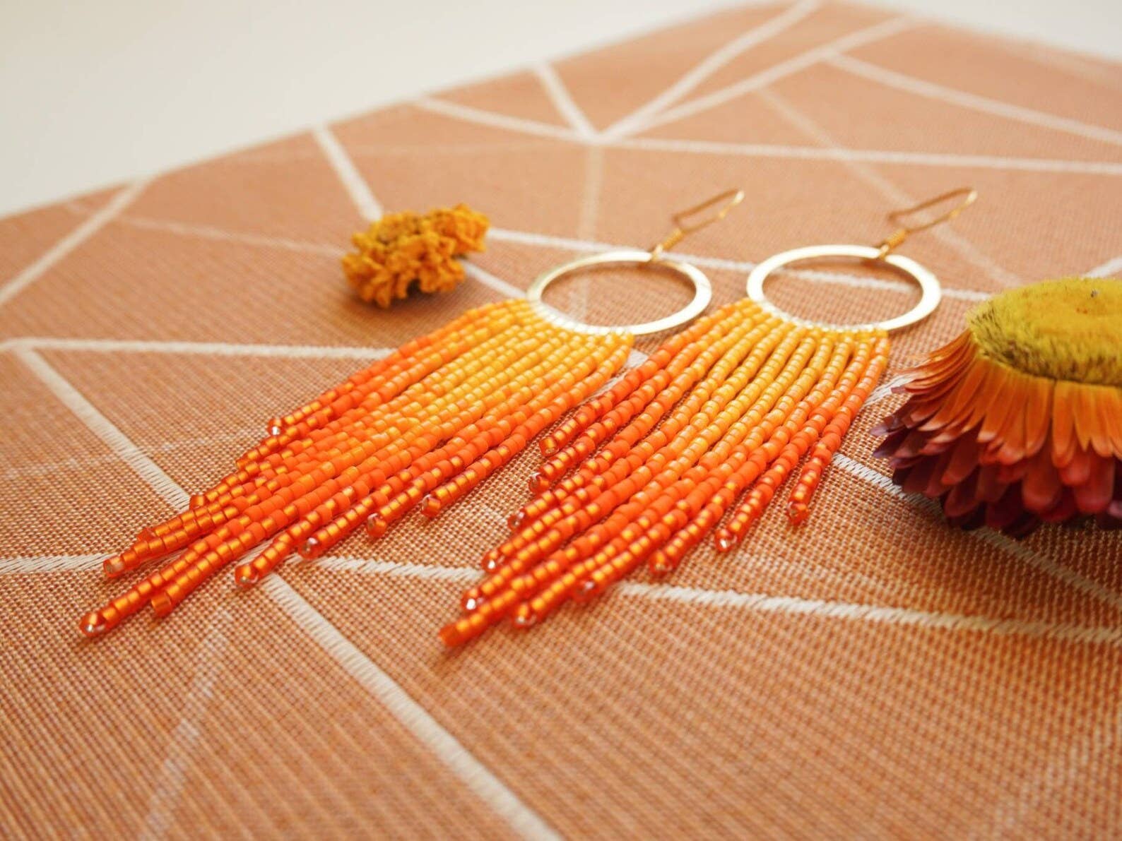 Orange Fringe Hoop Earrings: Handwoven Statement Jewelry