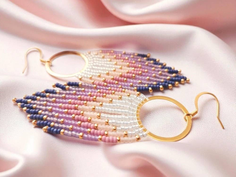Purple Fringe Beaded Hoop Earrings: Handwoven Boho Jewelry