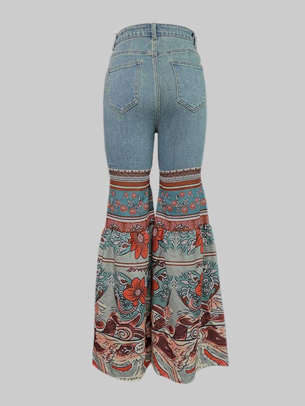 Bell Bottoms (Flared Pants Floral Printed High-Waisted Pockets Jean Pants Bottoms)