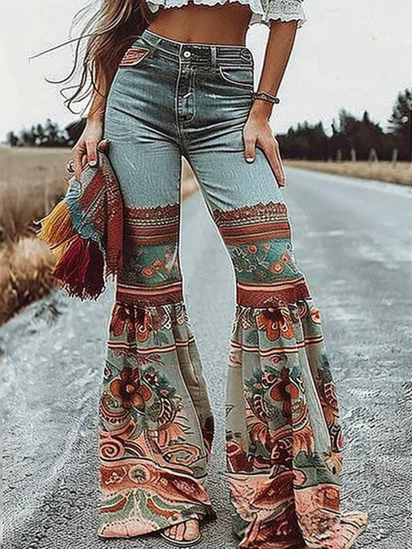 Bell Bottoms (Flared Pants Floral Printed High-Waisted Pockets Jean Pants Bottoms)