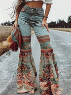 Bell Bottoms (Flared Pants Floral Printed High-Waisted Pockets Jean Pants Bottoms)