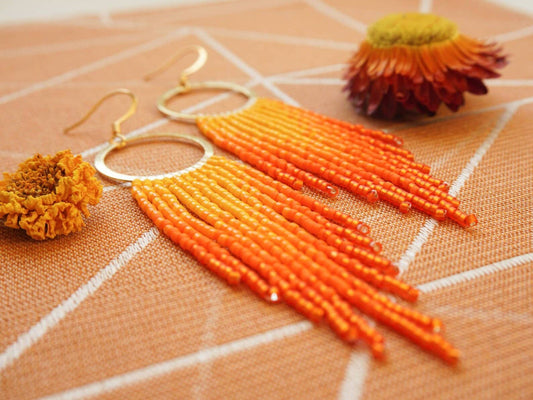 Orange Fringe Hoop Earrings: Handwoven Statement Jewelry