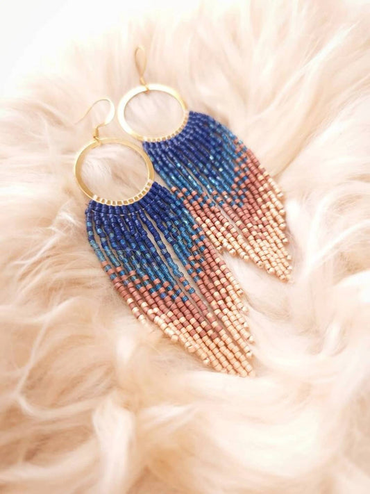 Ombre Fringe Hoop Earrings, Handwoven Statement Jewelry
