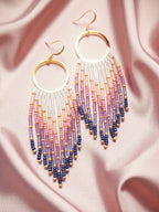 Purple Fringe Beaded Hoop Earrings: Handwoven Boho Jewelry