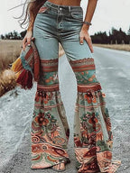 Bell Bottoms (Flared Pants Floral Printed High-Waisted Pockets Jean Pants Bottoms)