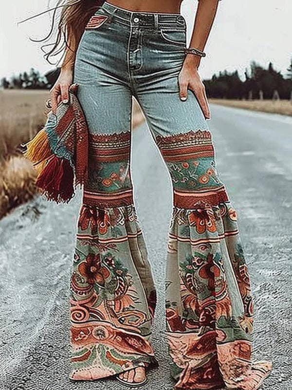 Bell Bottoms (Flared Pants Floral Printed High-Waisted Pockets Jean Pants Bottoms)