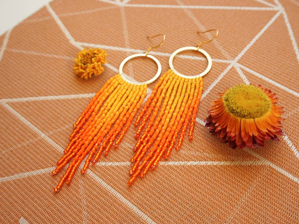 Orange Fringe Hoop Earrings: Handwoven Statement Jewelry
