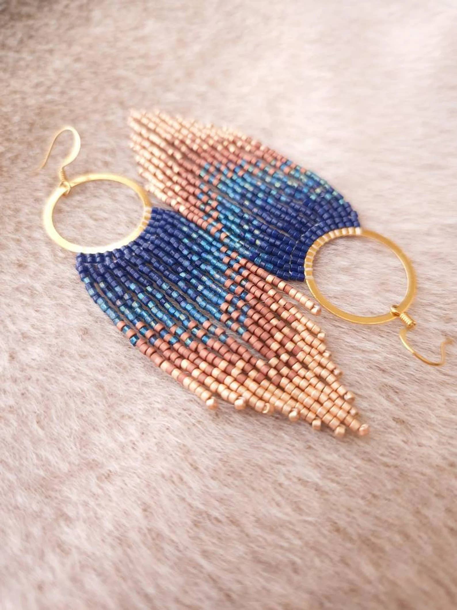 Ombre Fringe Hoop Earrings, Handwoven Statement Jewelry