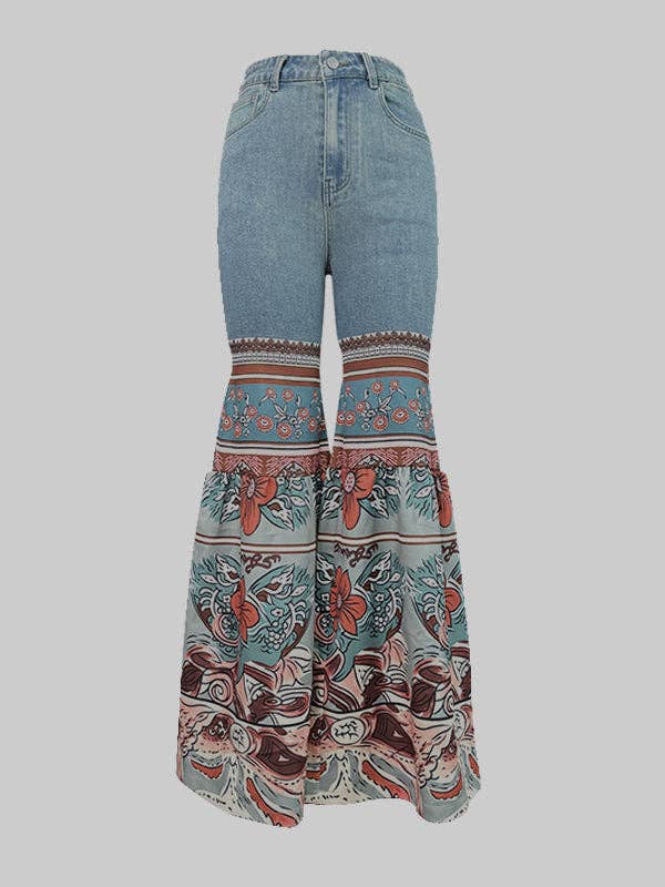 Bell Bottoms (Flared Pants Floral Printed High-Waisted Pockets Jean Pants Bottoms)