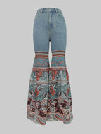 Bell Bottoms (Flared Pants Floral Printed High-Waisted Pockets Jean Pants Bottoms)