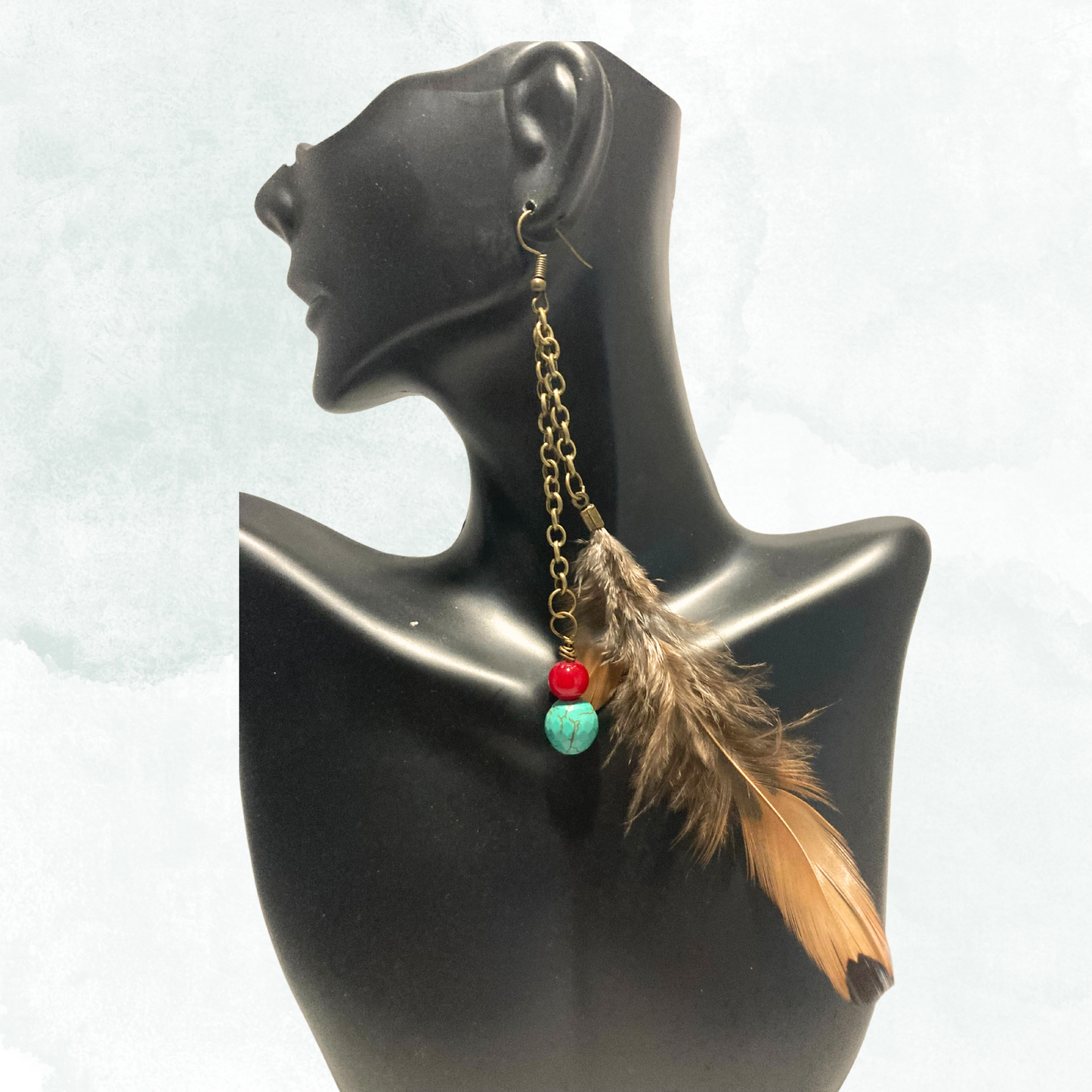 Turquoise & Red Beads w/Feather Earrings