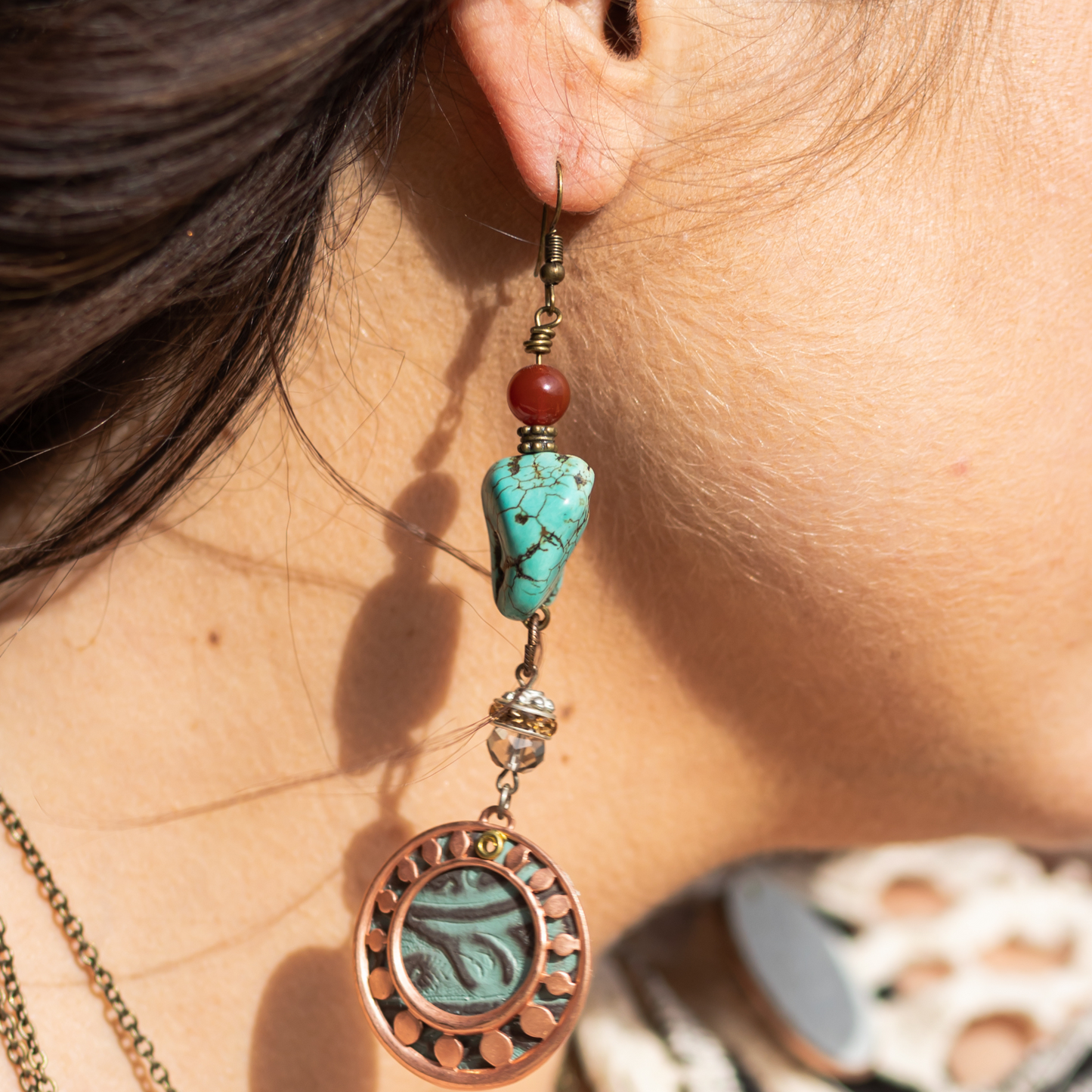 Turquoise & Red Stone w/Circle Pendant Earrings