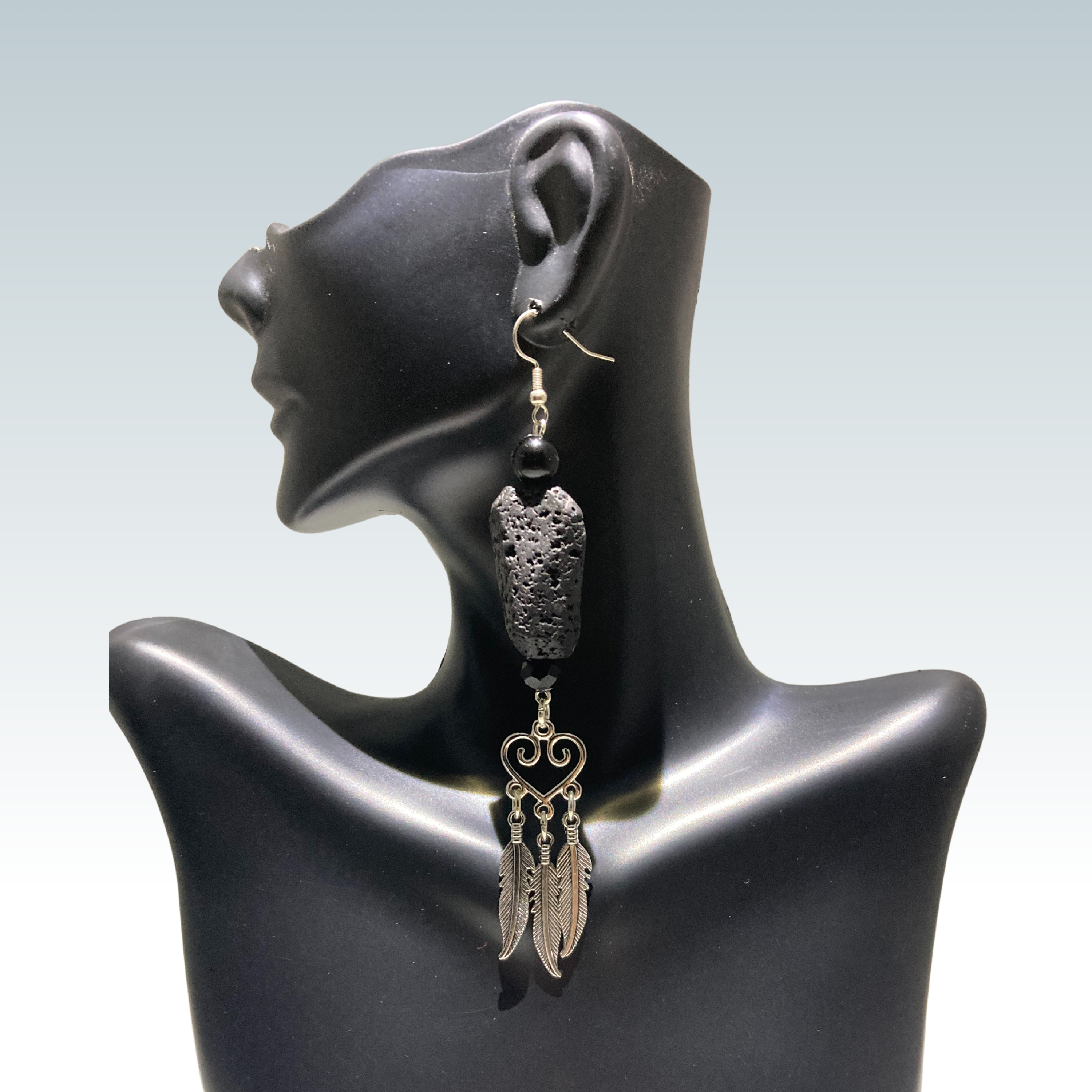 Black Stone w/ Feather Pendant Earrings