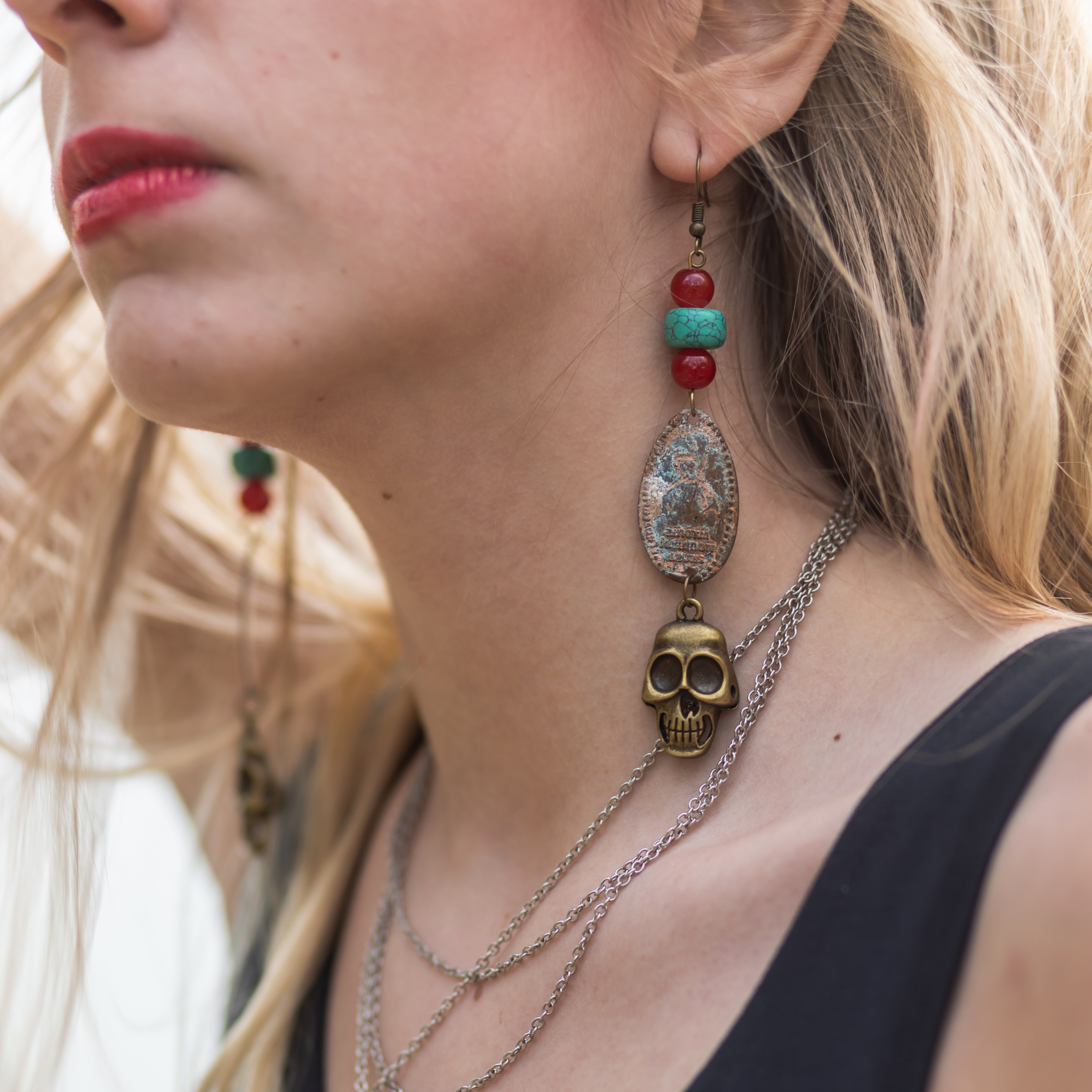 Copper Penny w/ Beading & Skull Earrings