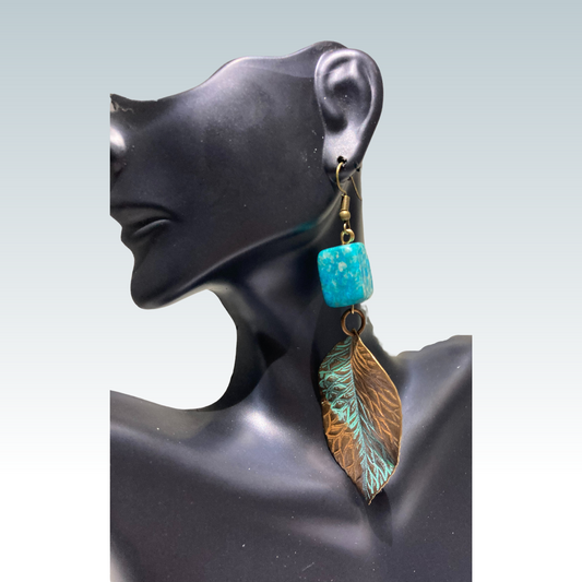 Turquoise w/ Brown & Turquoise Leather Feather Earrings