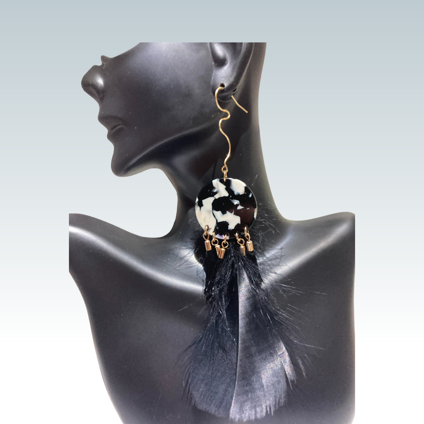Black & White w/ Black Feather Earrings